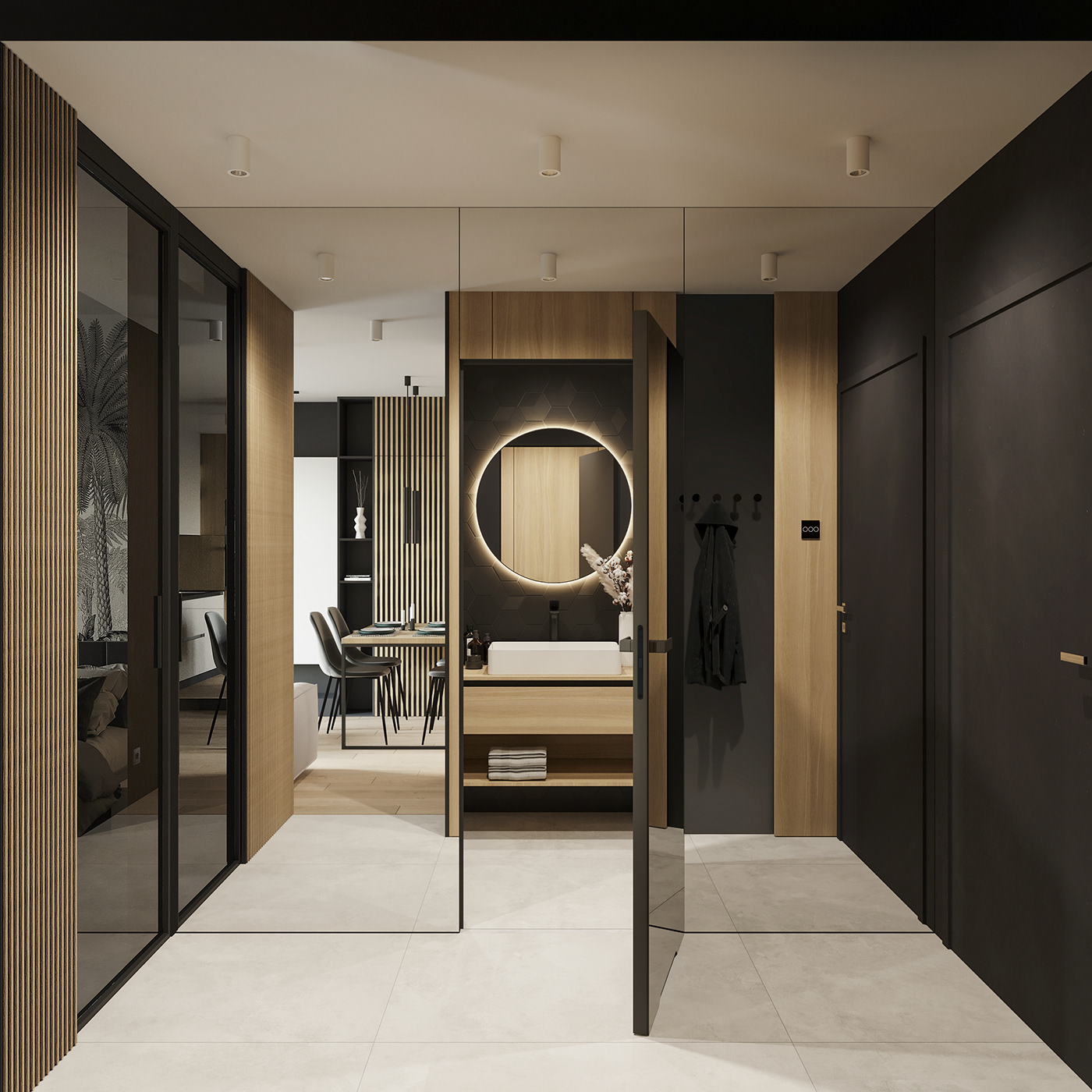 Mirrored doors lead to another space, where privacy is absolutely guaranteed.