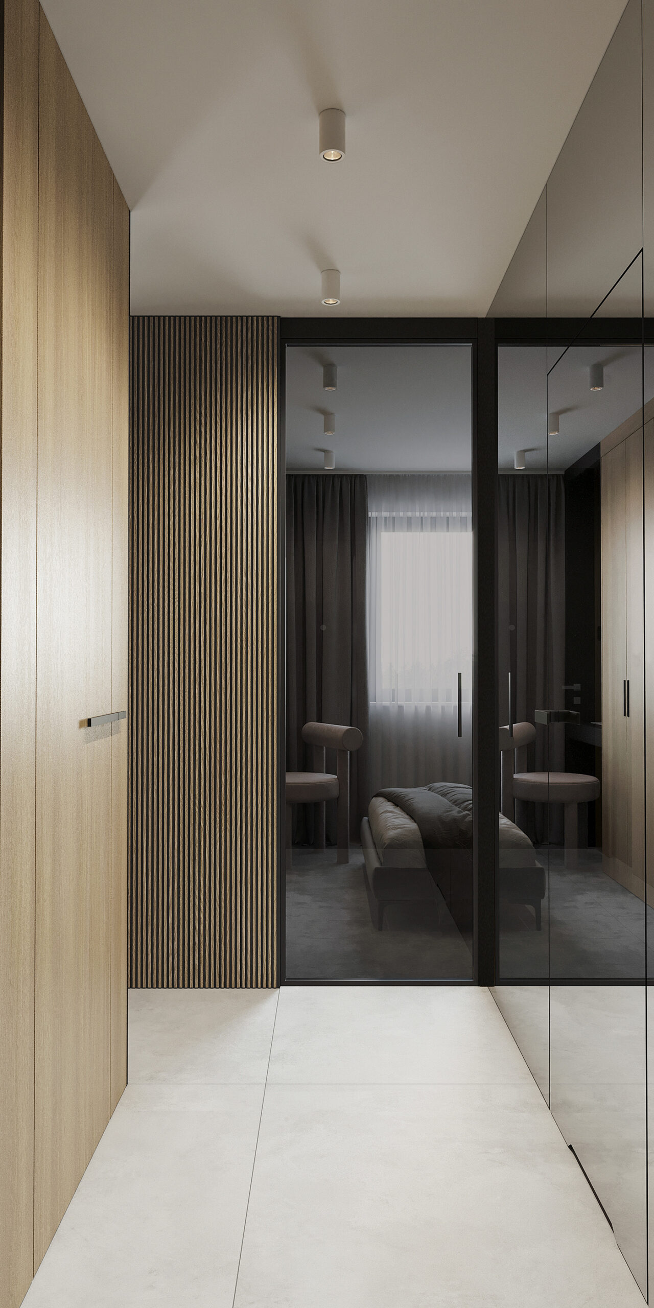 Another hallway is fitted with mirrors to create the effect of expanding the space and dividing the area.