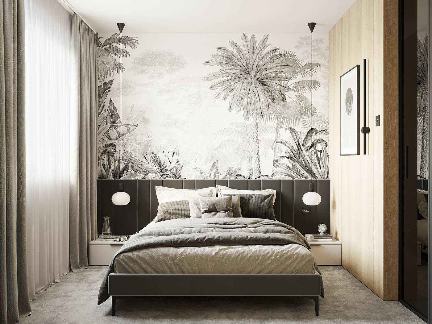 A bedroom with neutral colors and a large bed provides a relaxing atmosphere.