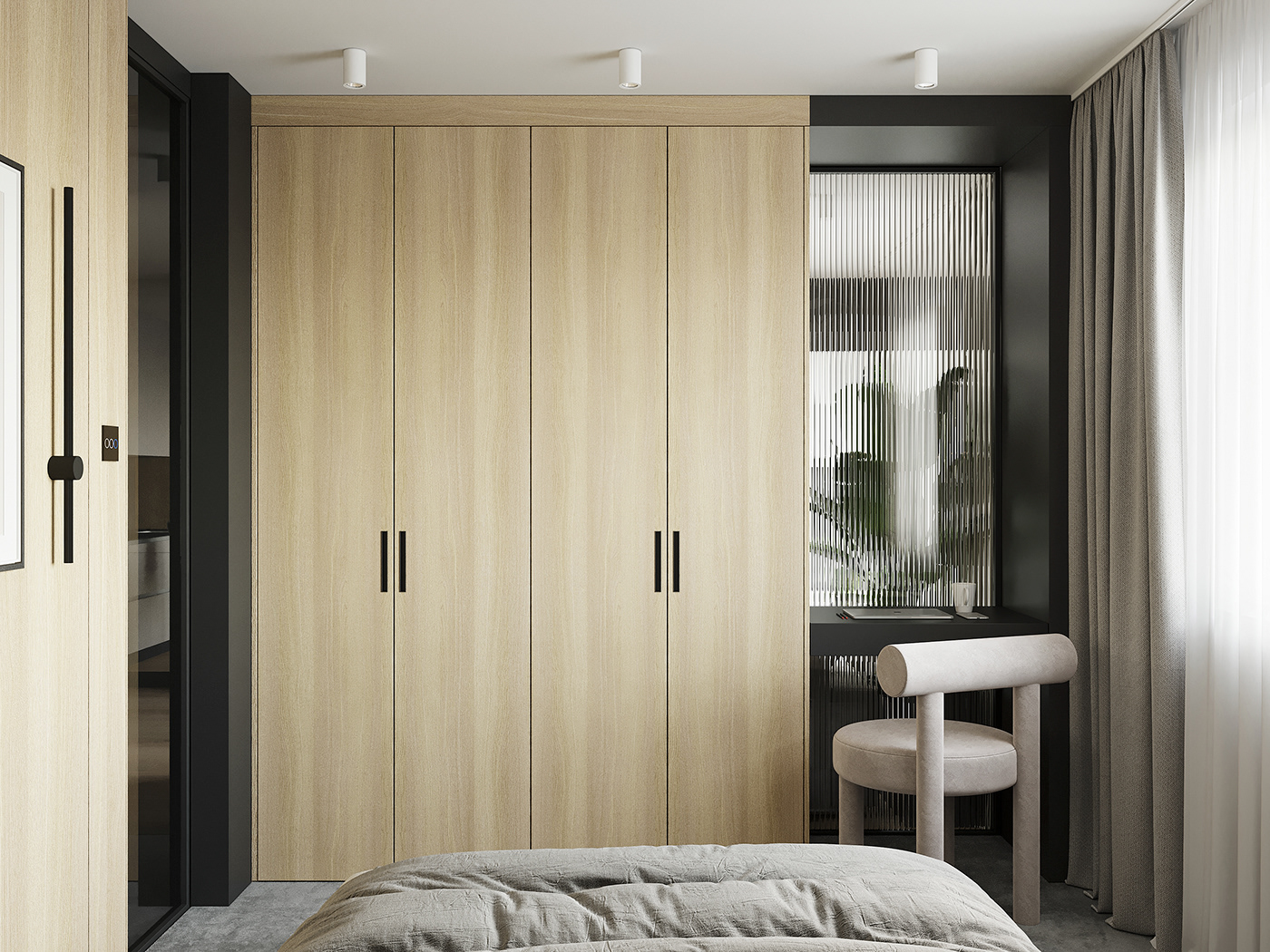 A 4-drawer wardrobe opposite the bed helps to keep the room neat and tidy.