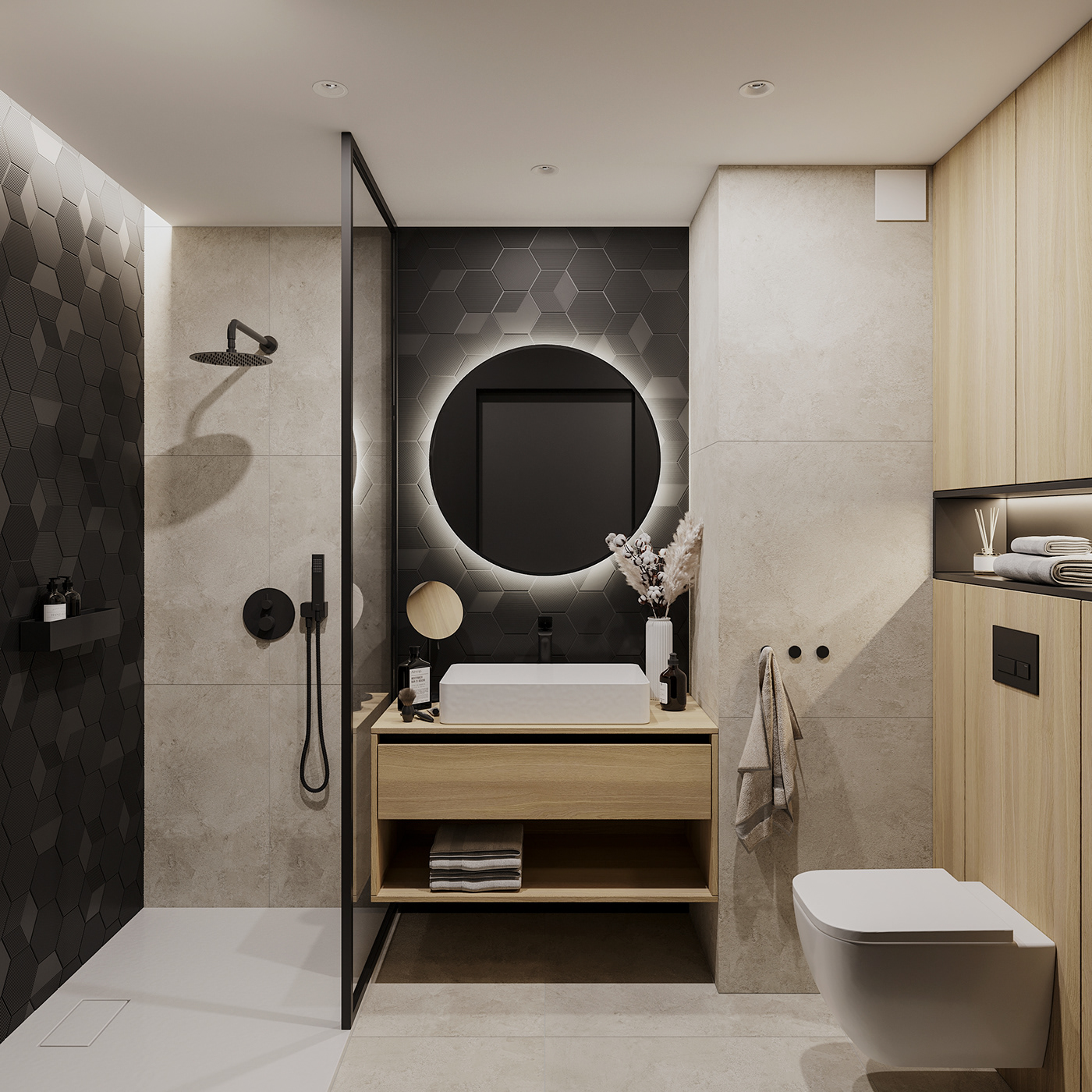 In the bathroom, there is enough space with exquisite design and elegant colors.