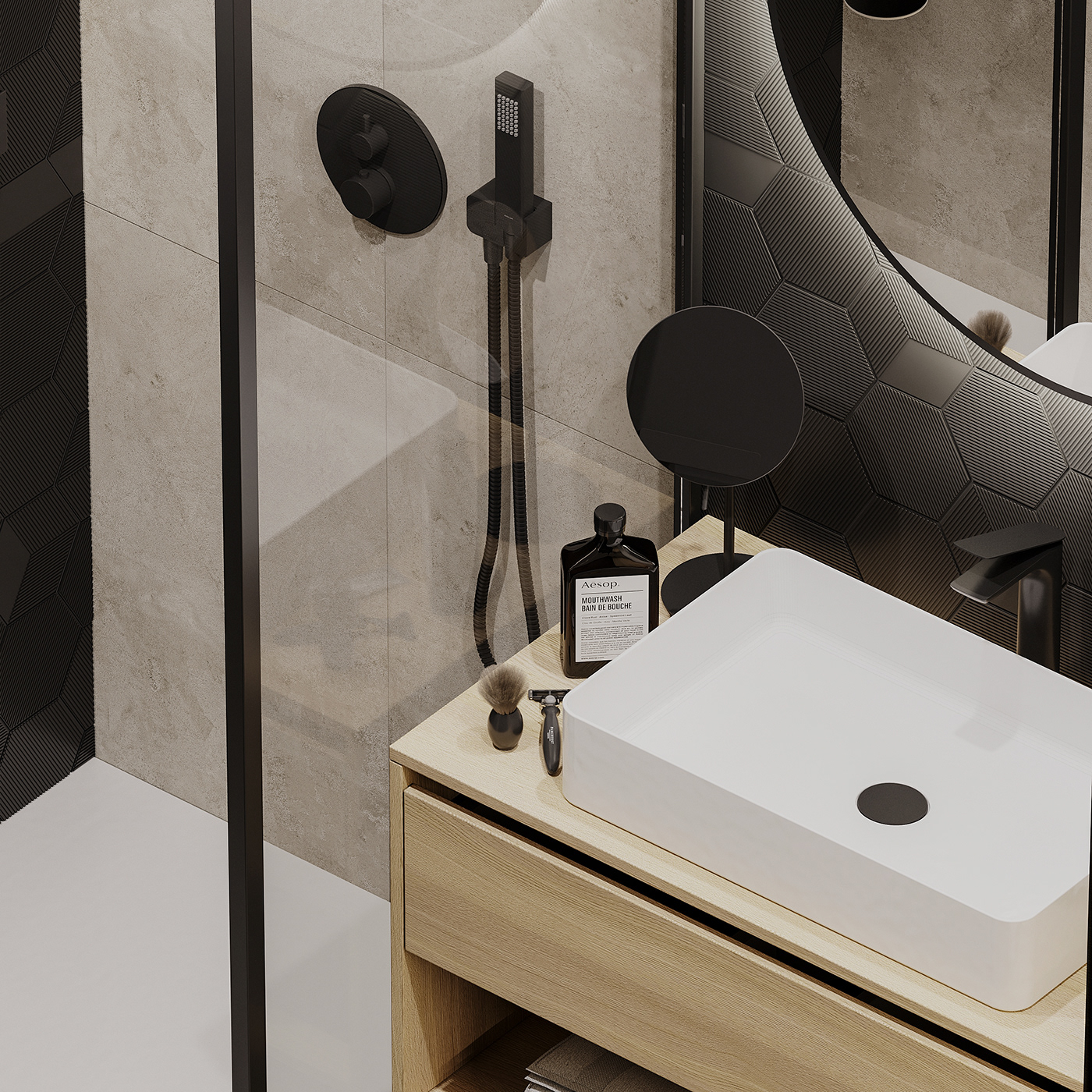 Matte black faucets in the sink, shower, and handles, as well as a small mirror, are an excellent choice for this space. Bathroom interiors benefit from anti-slip materials and glamorous colors.
