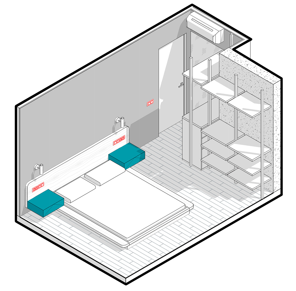 The 3D layout of the bedroom