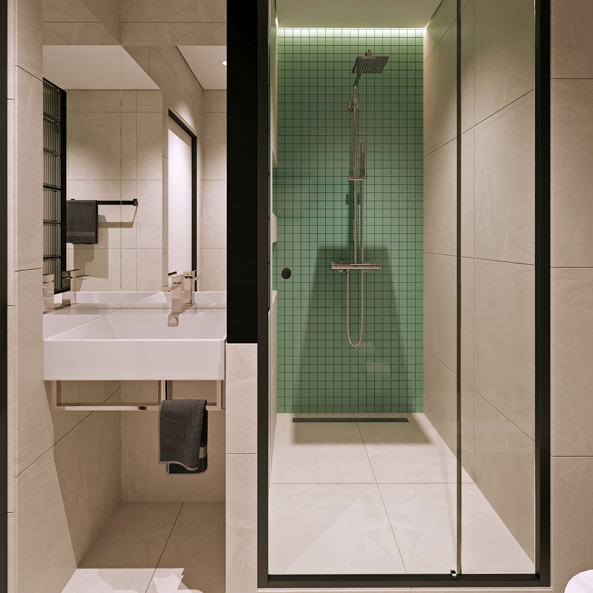 The bathroom space is entirely covered in ceramic tiles, which creates uniformity, fantastic waterproofing, and a natural feeling of coolness in accordance with the bathroom space.