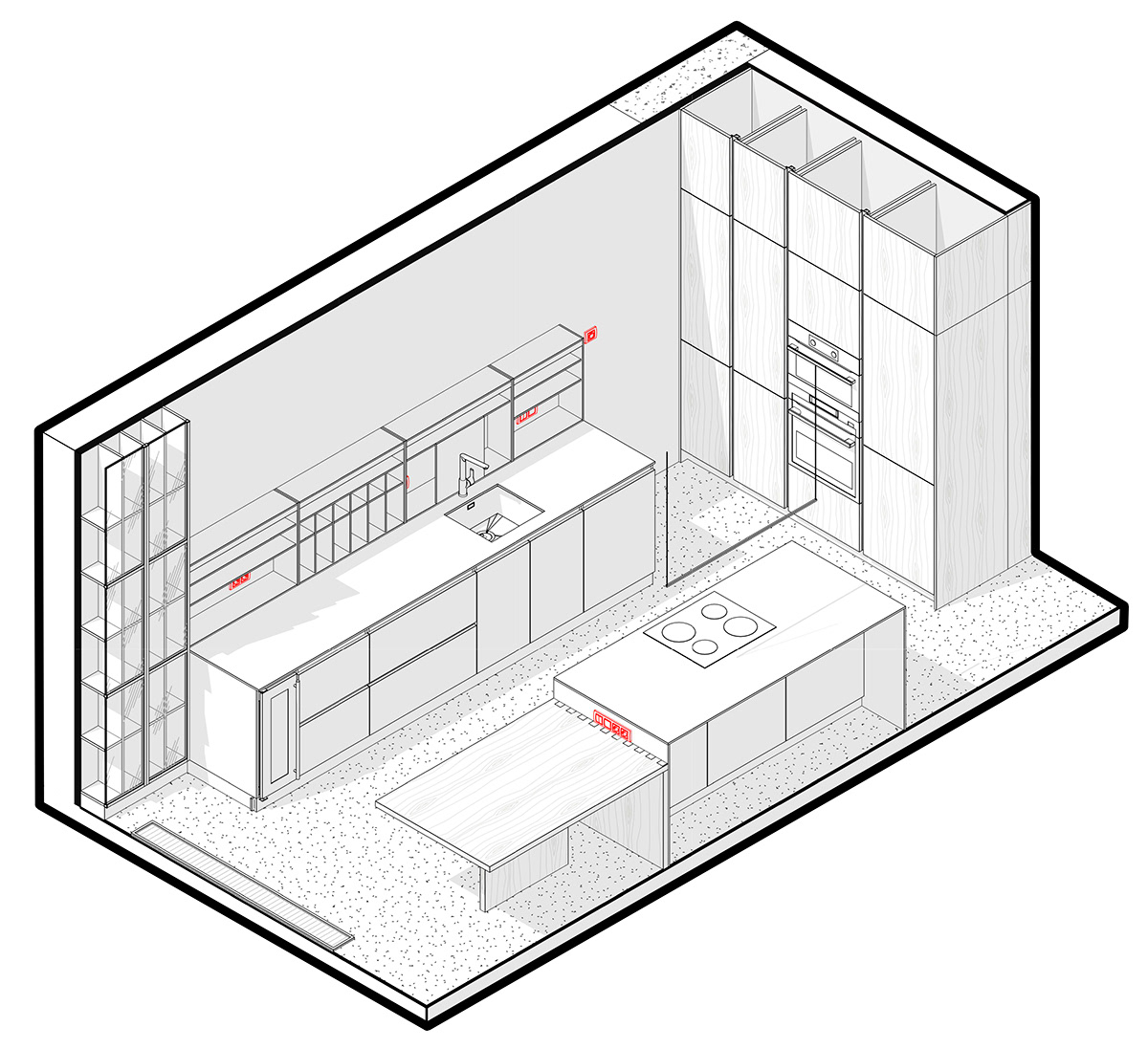 The 3D layout of the kitchen