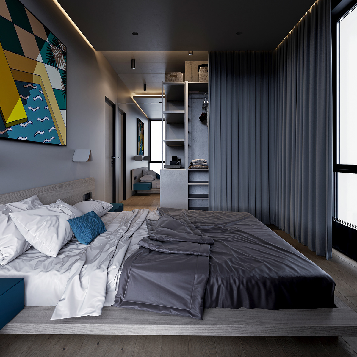 The main colors of white, gray, and blue are peacefully combined in the bedroom, making the space light, elegant, and full of life.