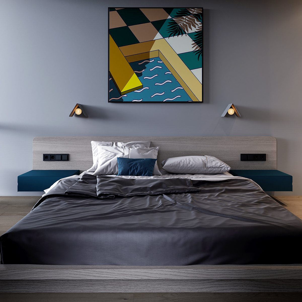 Oil painting with bright colors hanging on the head of the bed brings a sense of joy and pleasure to help the mood to always be confident and satisfied.