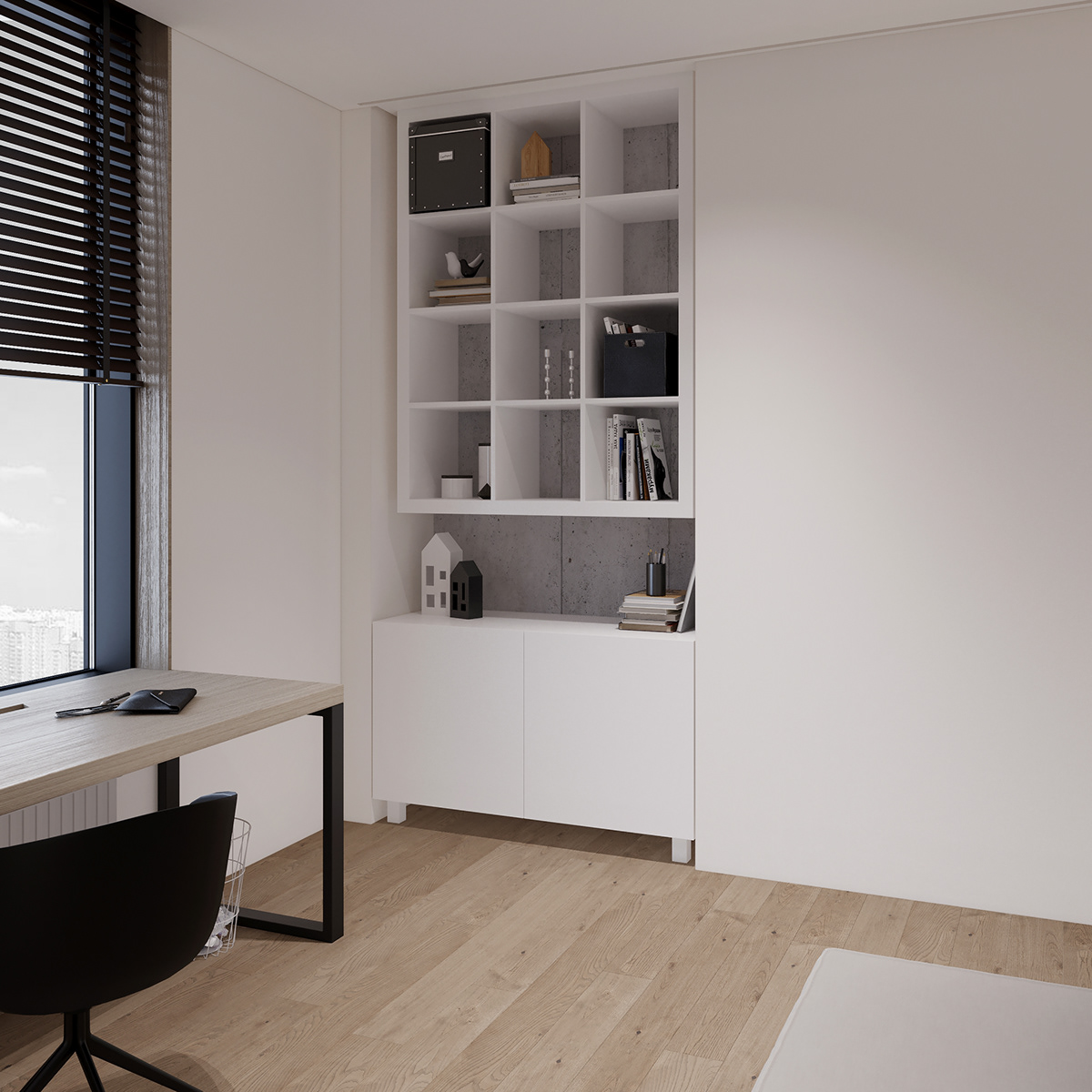 The bookshelf's pure white color and modern design contribute to the workspace's professional and neat appearance.