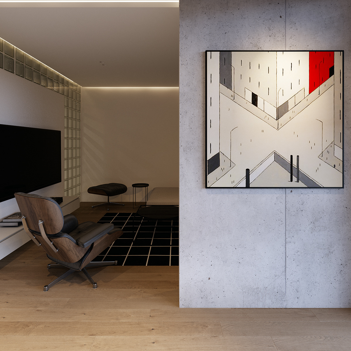 The abstract wall paintings add artistic beauty to the apartment while also providing a good atmosphere.