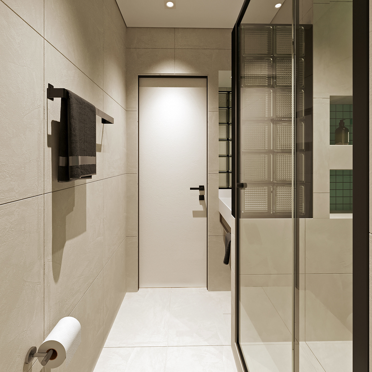 Simple stainless steel horizontal bar hooks in the bathroom help to create convenience and tidiness.