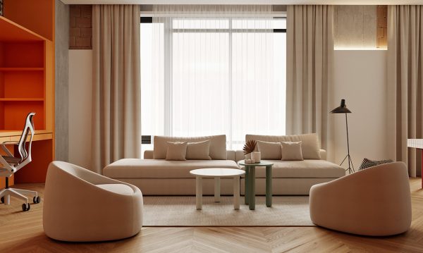 With a comfortable sofa set, this is an ideal space for relaxing, reading, and watching TV.