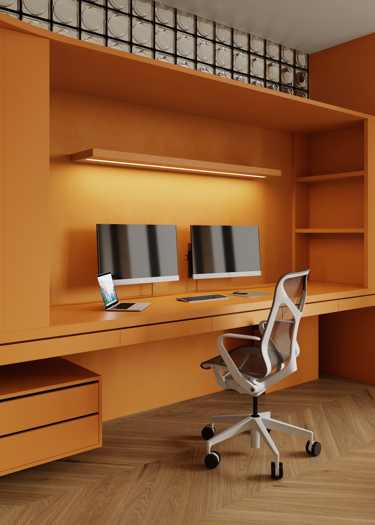 To avoid being absorbed into this completely open space, the workspace has a striking orange tone.