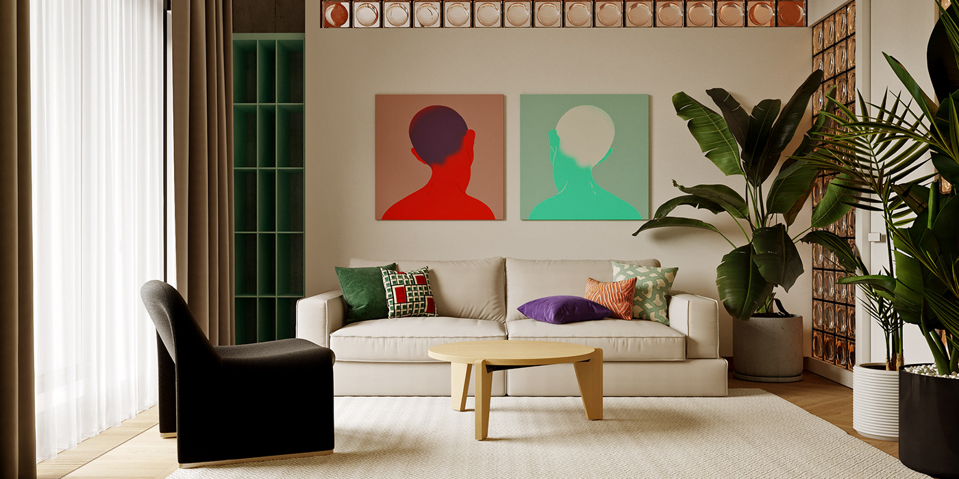 This room is distinguished by using bold colors in various items. The most noticeable are two paintings with opposing color tones, which serve as important highlights in making this space more appealing.