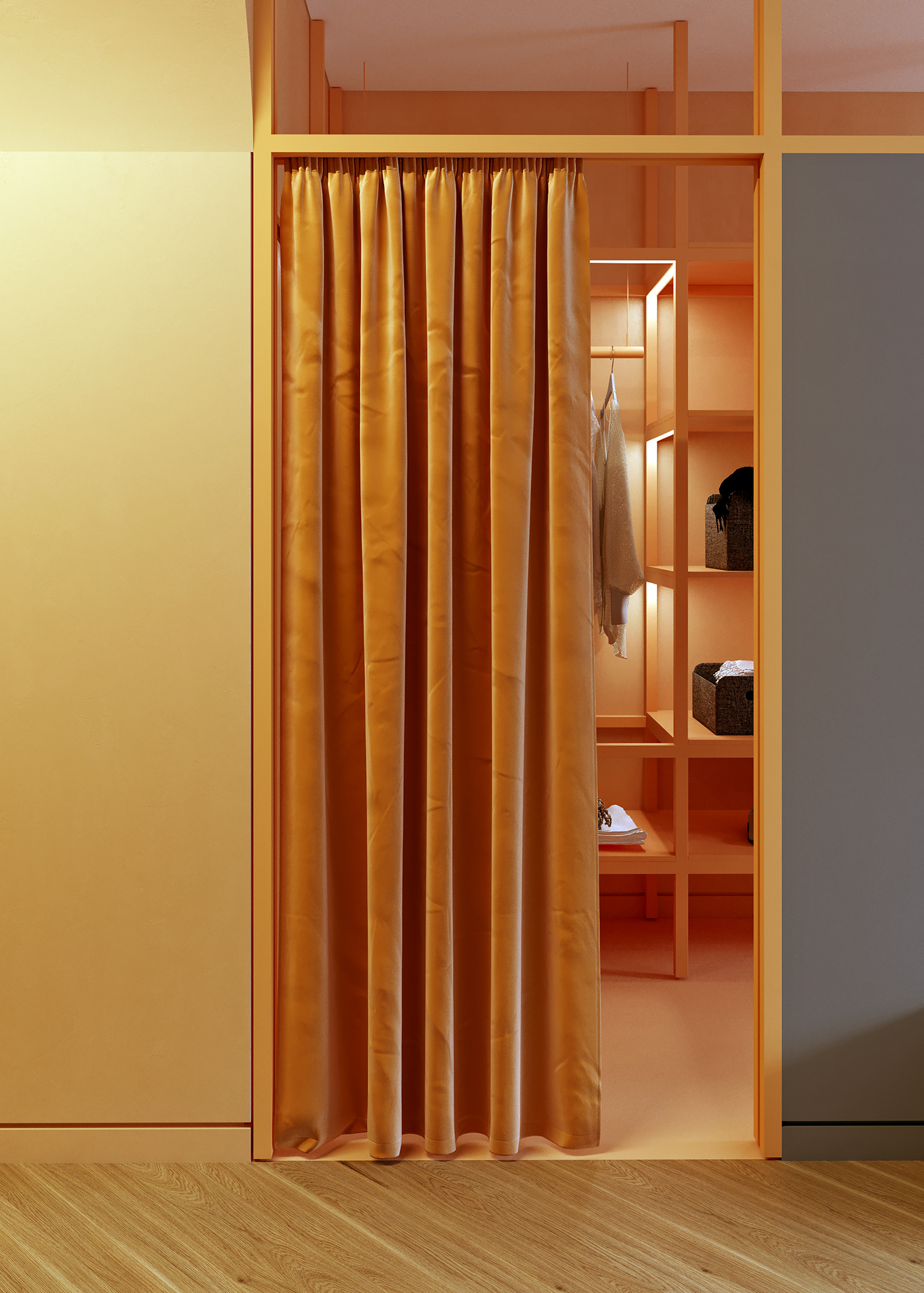 Instead of a door, a curtain is used to provide privacy without restricting the space.