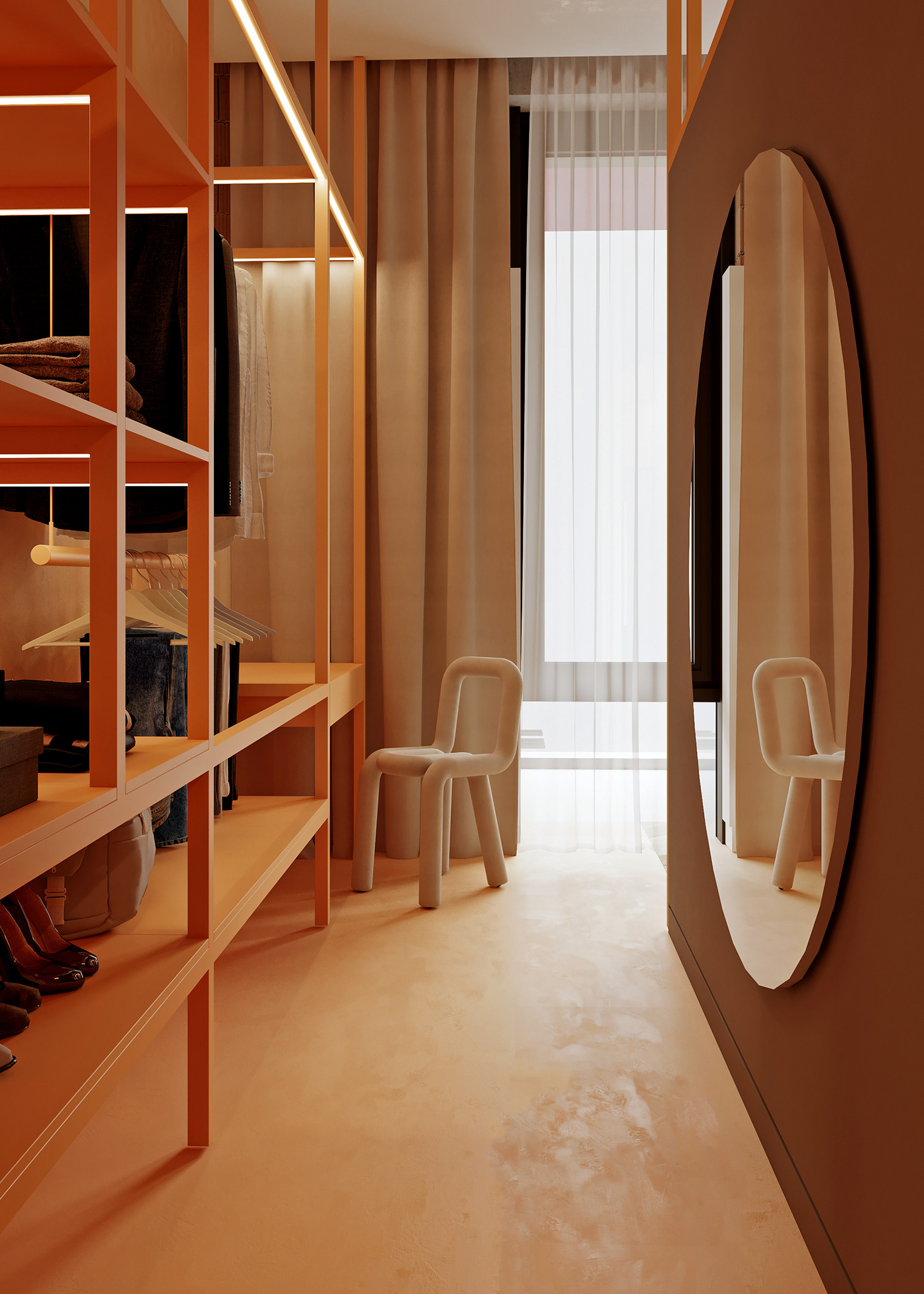 A wardrobe with an open design aids in the selection of clothing and accessories. Yellow light provides a sense of calm and relaxation.