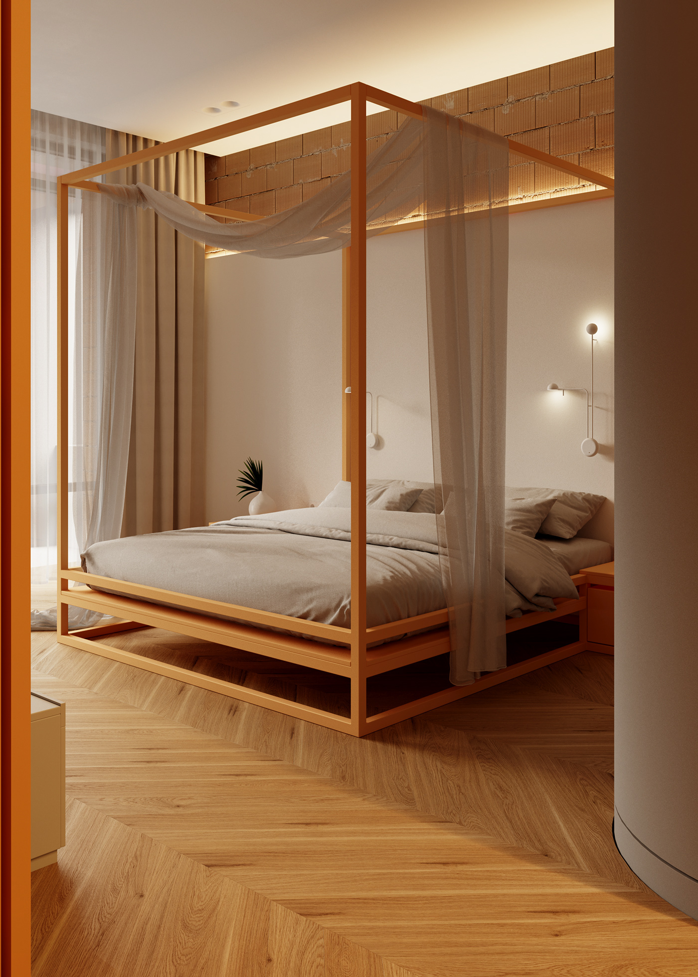 Natural light overflows the room, and the reflection effect from a white wall, combined with the wood grain floor and bed frame, sets up a warm atmosphere.