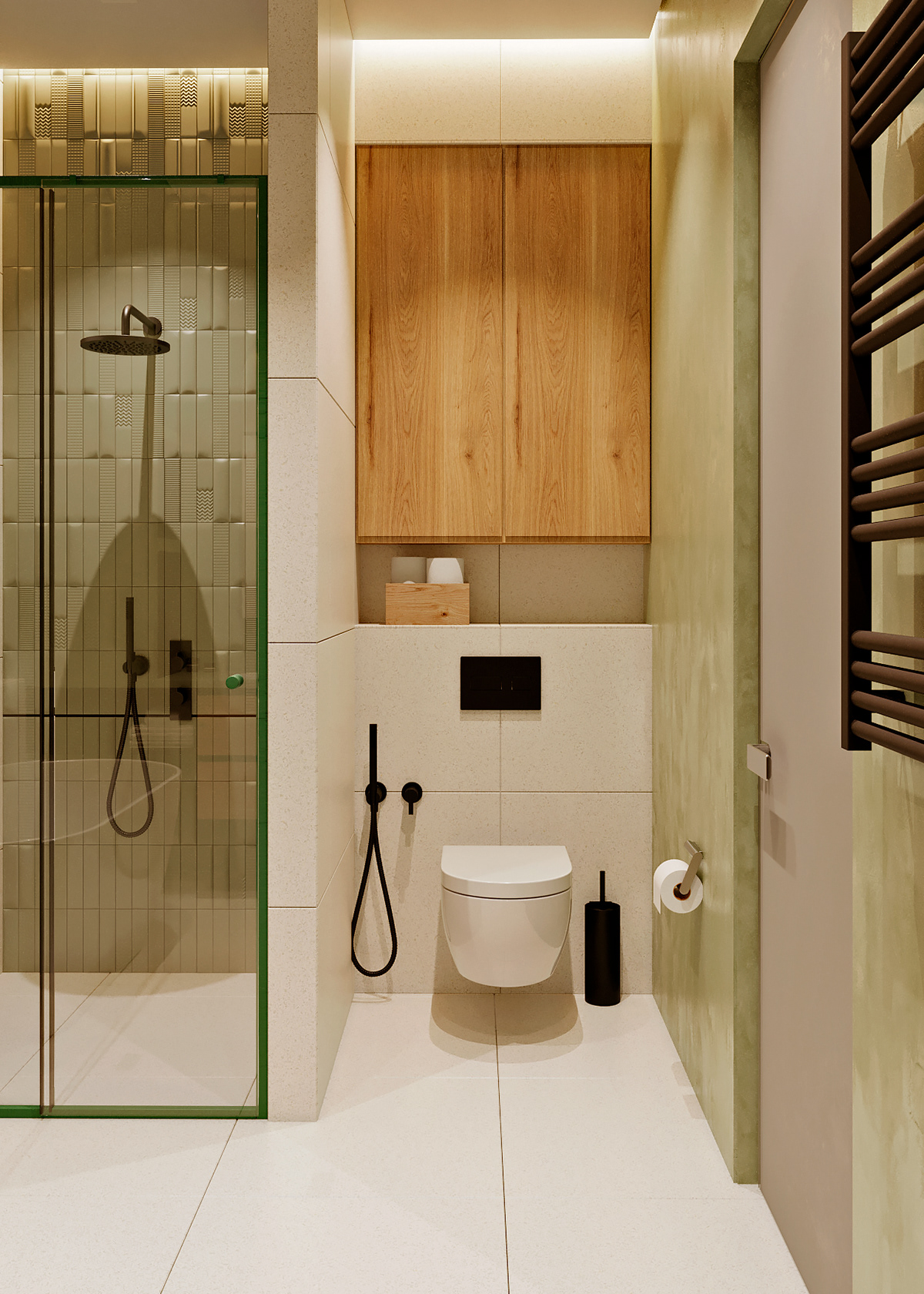 A minimalist toilet is equipped with contrasting color tools perfectly in harmony with this space.