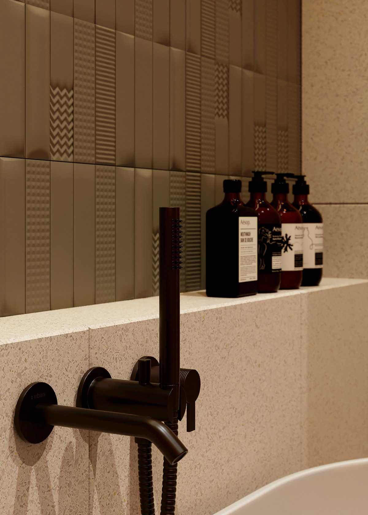 A highlight of this bathroom is the anti-slip faucet in matte black.