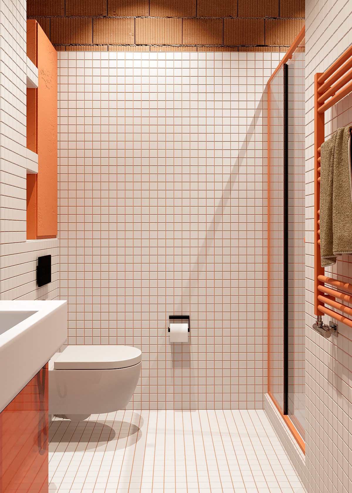 This bathroom completely brings the atmosphere of the entire apartment into it, with the main color tone being white and red-orange.