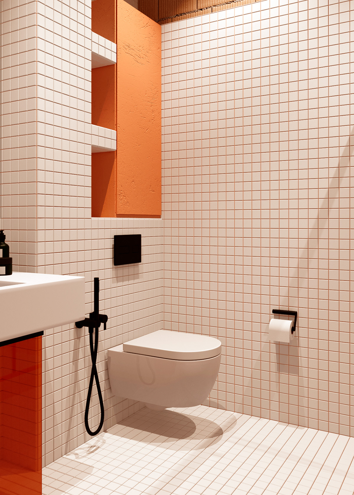 An orange cabinet is cleverly designed to blend in with the wall.