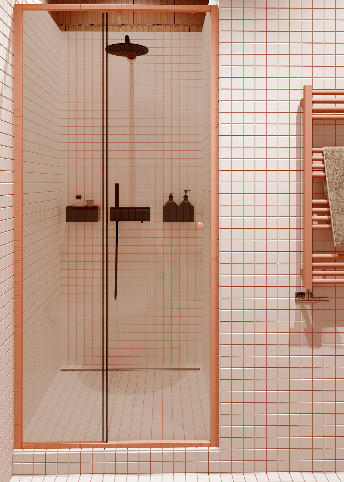 A shower area's orange frame matches the room's main color tone, creating a connection between the furniture and the entire interior.