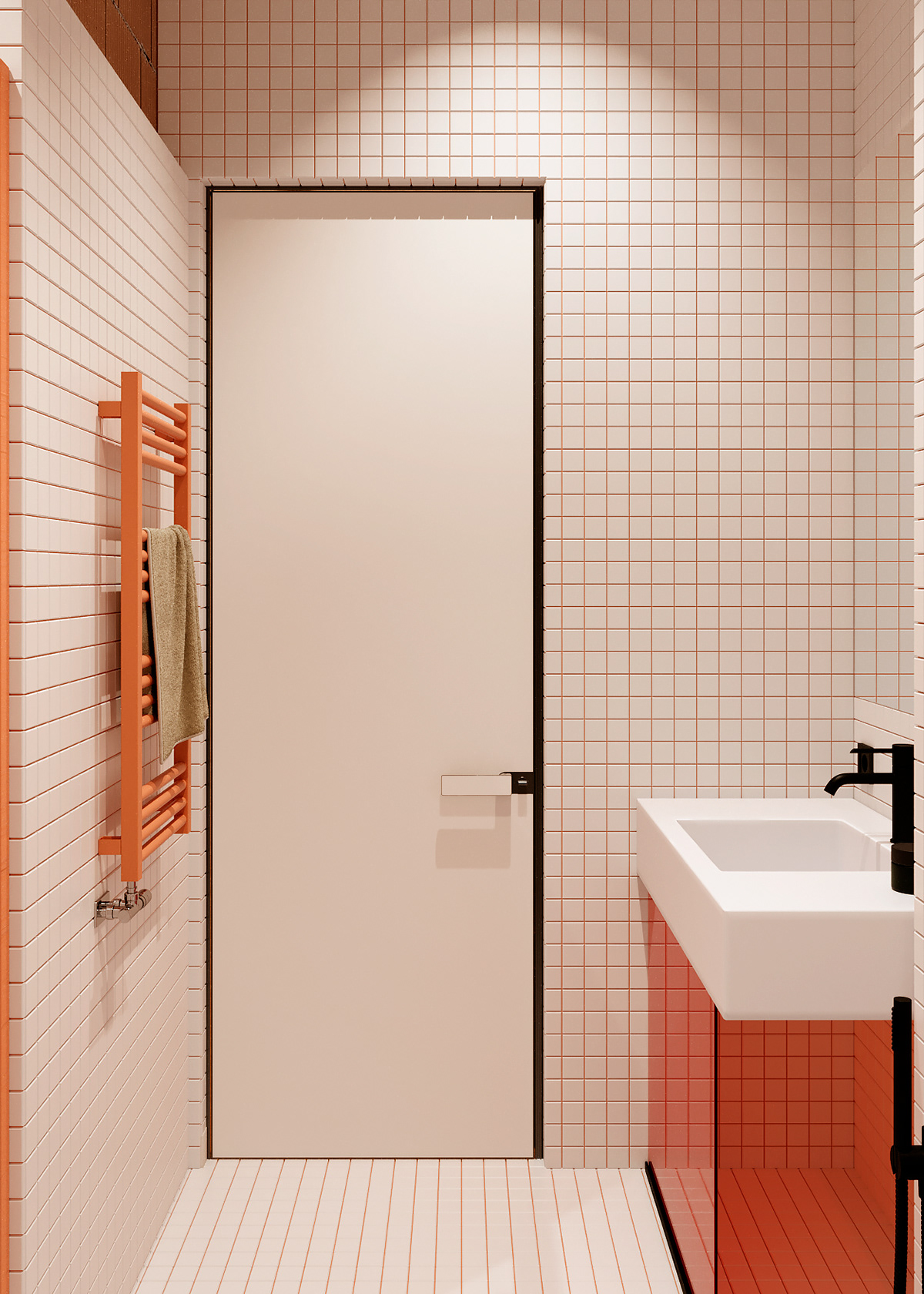 The bathroom is compact and fully equipped, with a color scheme that complements the decorated items.