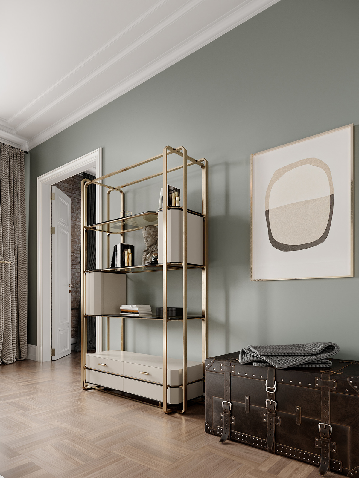Copper gold stainless steel bookshelf with a simple but luxurious design.