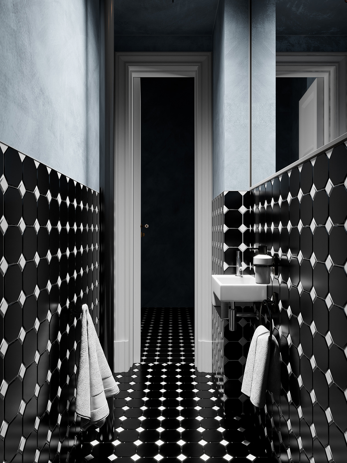 The floor and walls of the bathroom are both covered with ceramic tiles in black and white motifs, creating a vibrant Renaissance background that is both eye-catching and lively.
