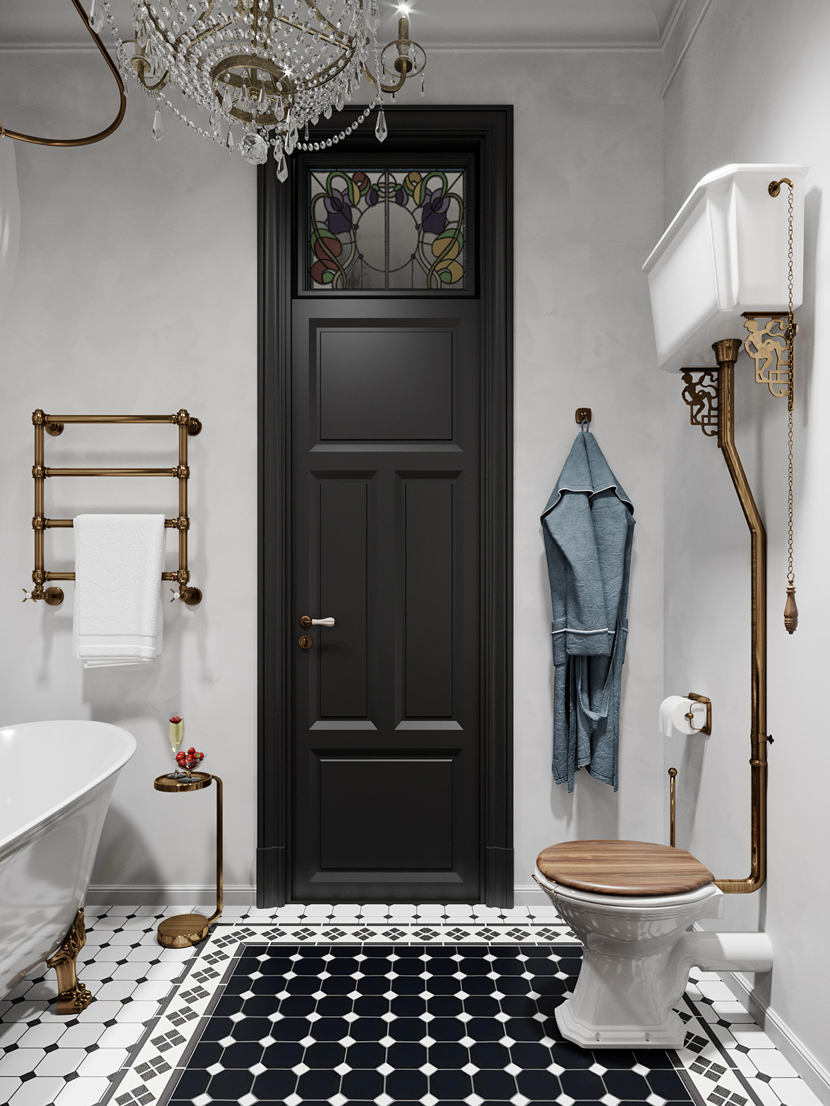 The European-style wooden bathroom door with metal handle enhances cleanliness, orderliness and courtesy.