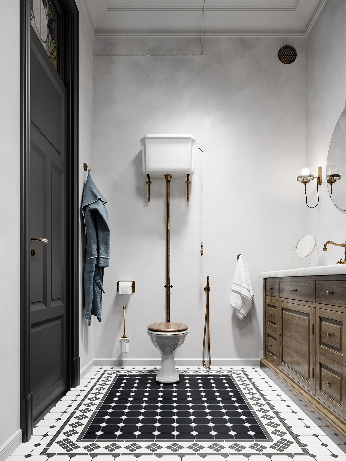 The toilet's foot is polished and meticulously crafted, and an extravagant copper faucet system is installed.