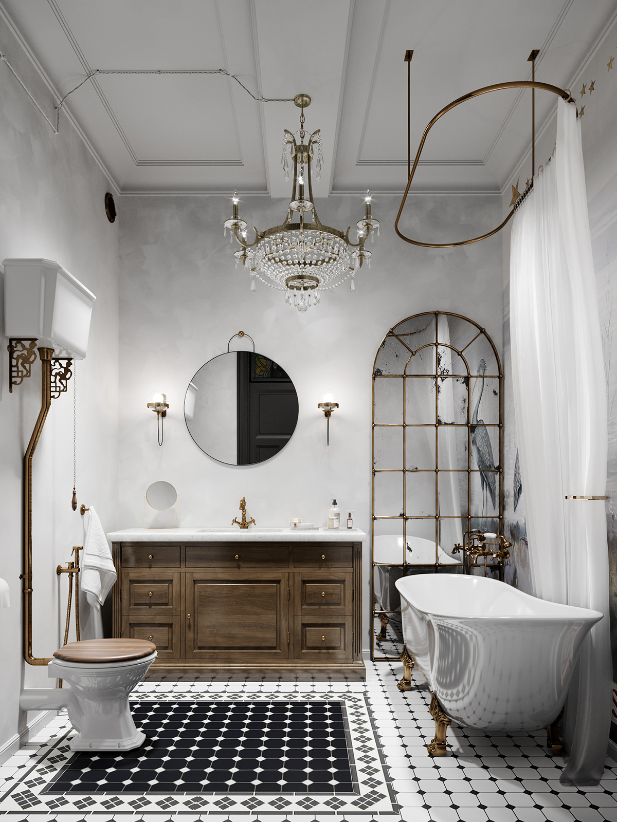 A traditional and glamorous bathroom is created with a classic ceramic tile background, black and white motifs, and brass accessories.