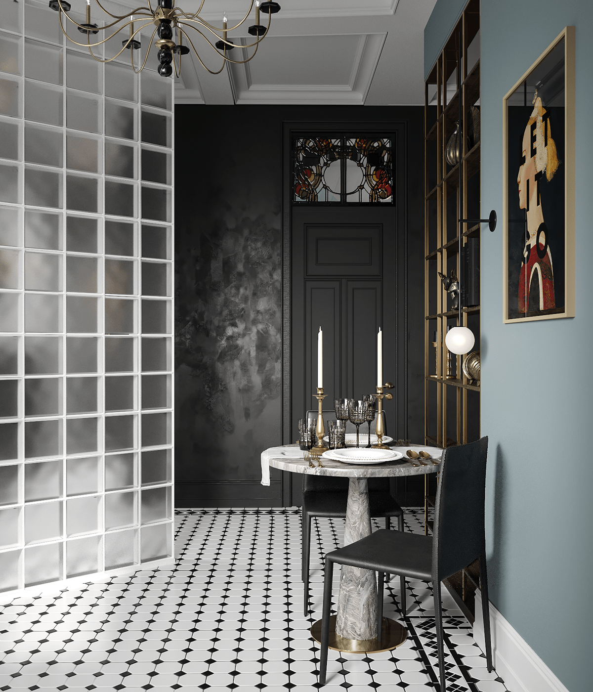 The vibrant patterns on the door provide endless artistic inspiration, while the glamorous elongated wax candles placed on the dining table add solemnity and sophistication.