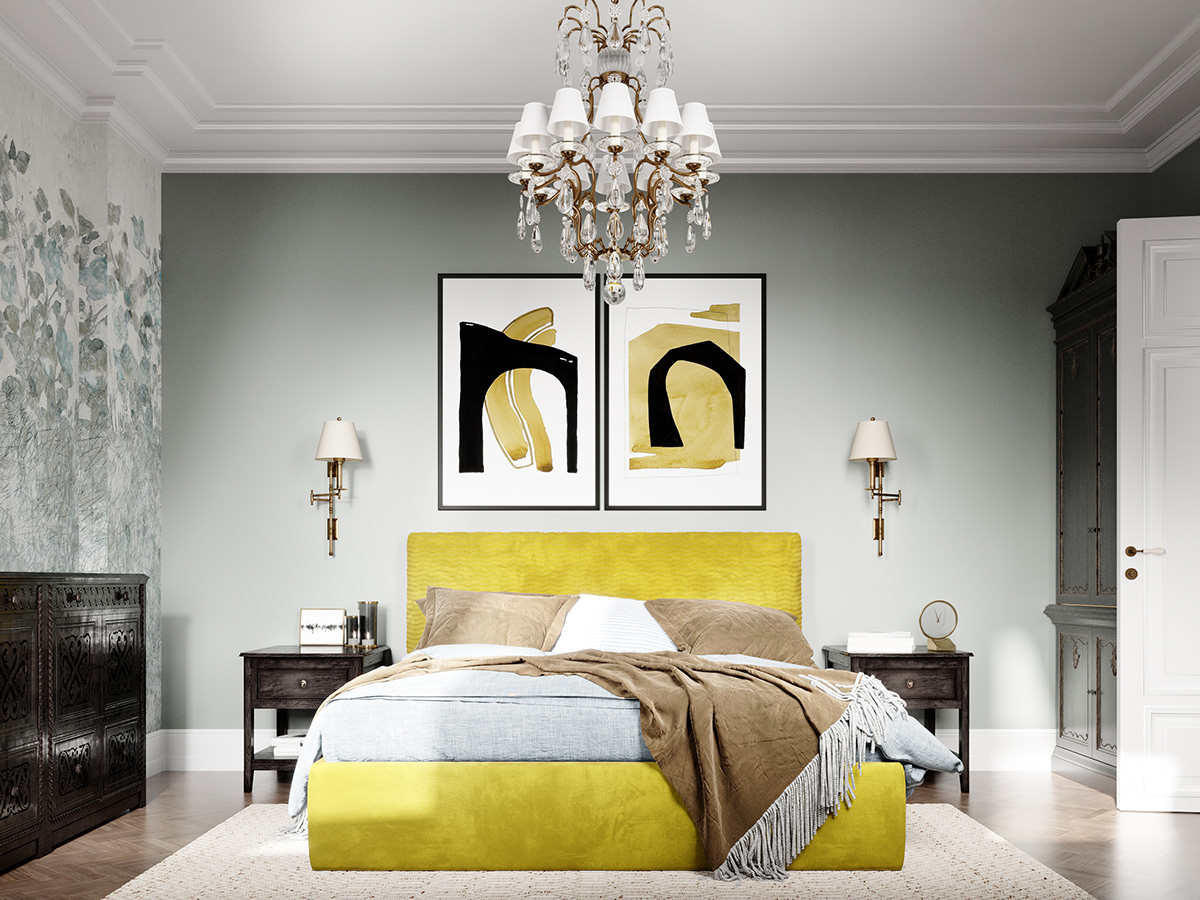 The headboard wall painting has a uniform color with the bed color, which both cover the gap on the wall and bring ideal accents.