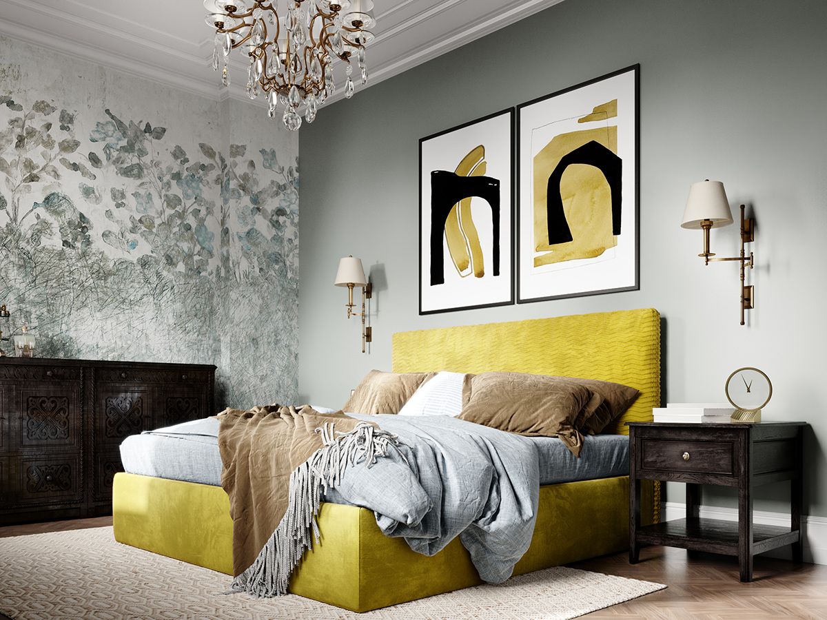 A harmonious combination of yellow, gray, and brown interiors serves as the central color in the elegant and luxurious bedroom design.