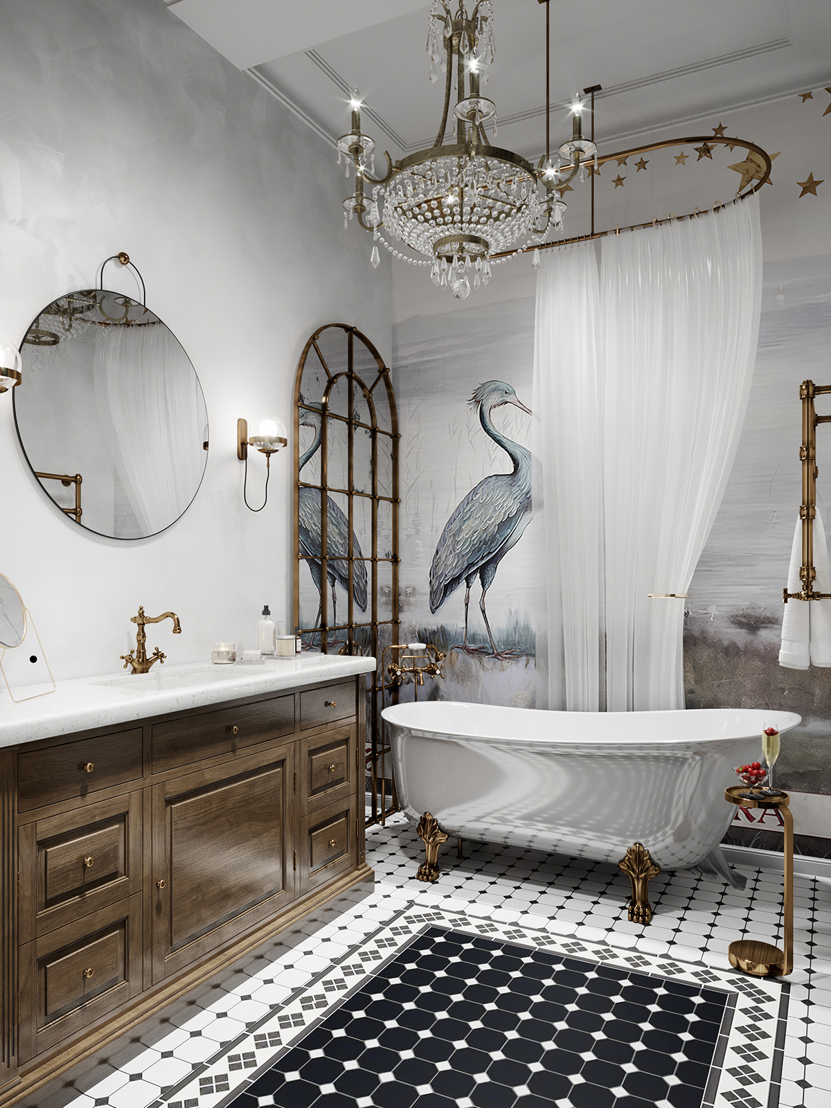 A pair of small wall sconces are mounted on either side of the mirror to create a unique look while amplifying the light in the room. In addition, the chandelier in the middle of the bathroom with sophisticated details brings a luxurious and elegant look.