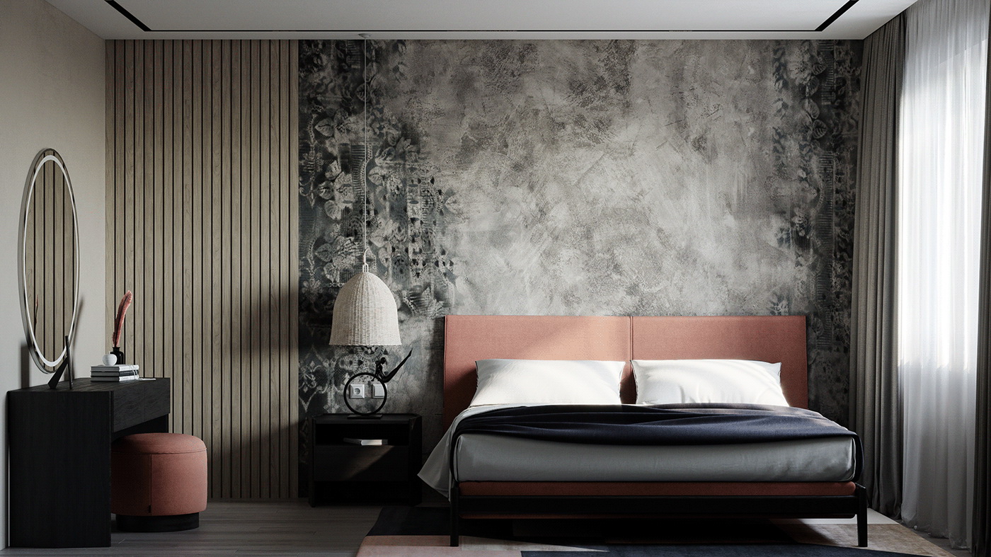 Embossed patterns and vertical stripes on the wall are used to draw attention to the bedroom.