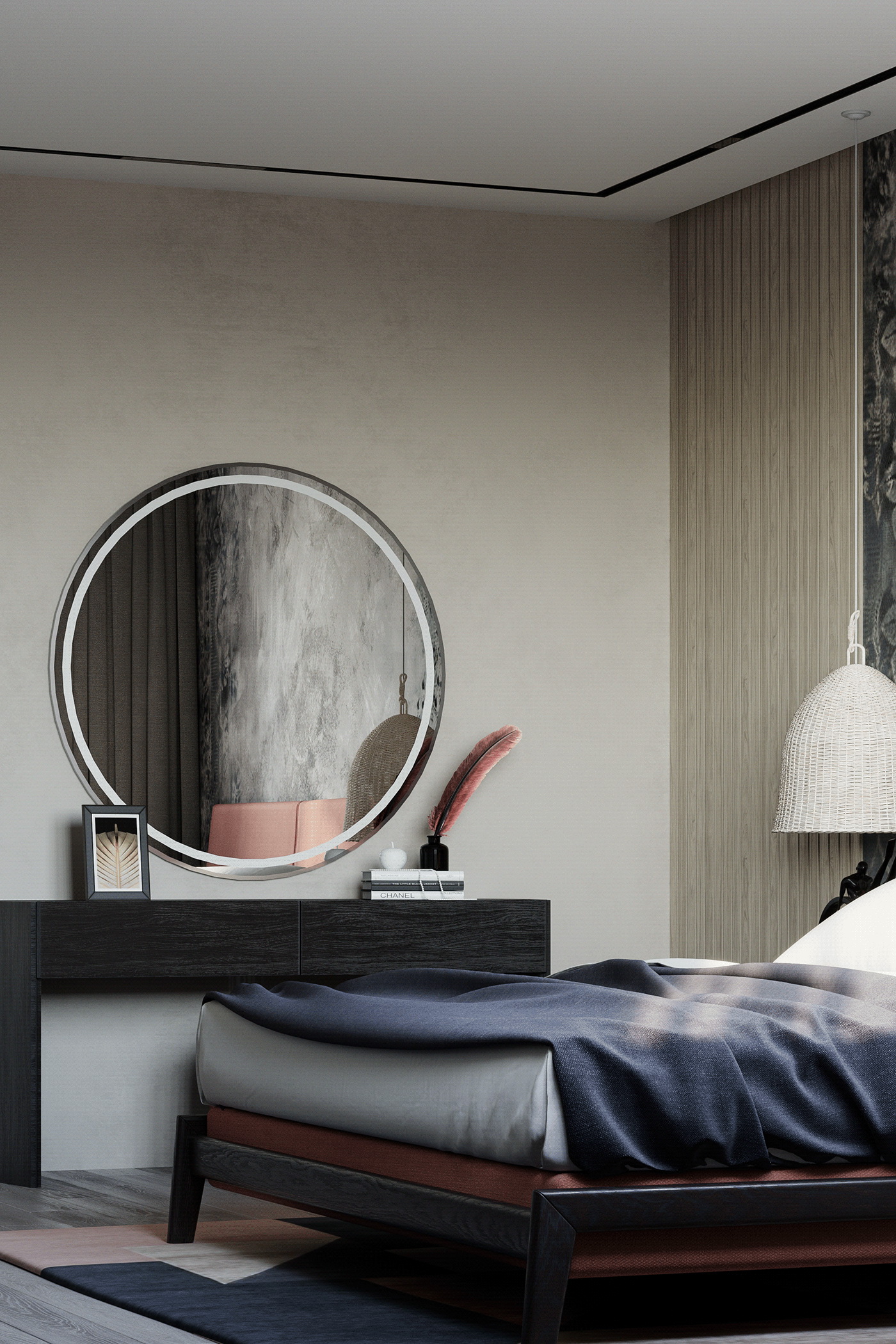 The round wall mirror brings a gentle beauty to the makeup corner.