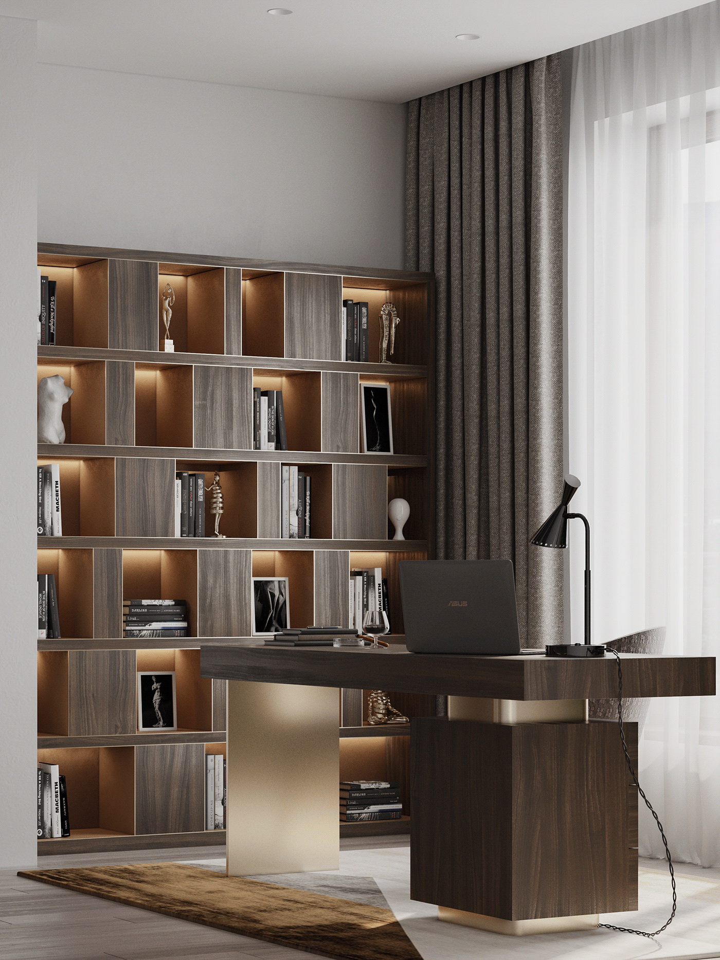 A wooden bookcase with many compartments is used to decorate the working corner more professionally and to display and store books.