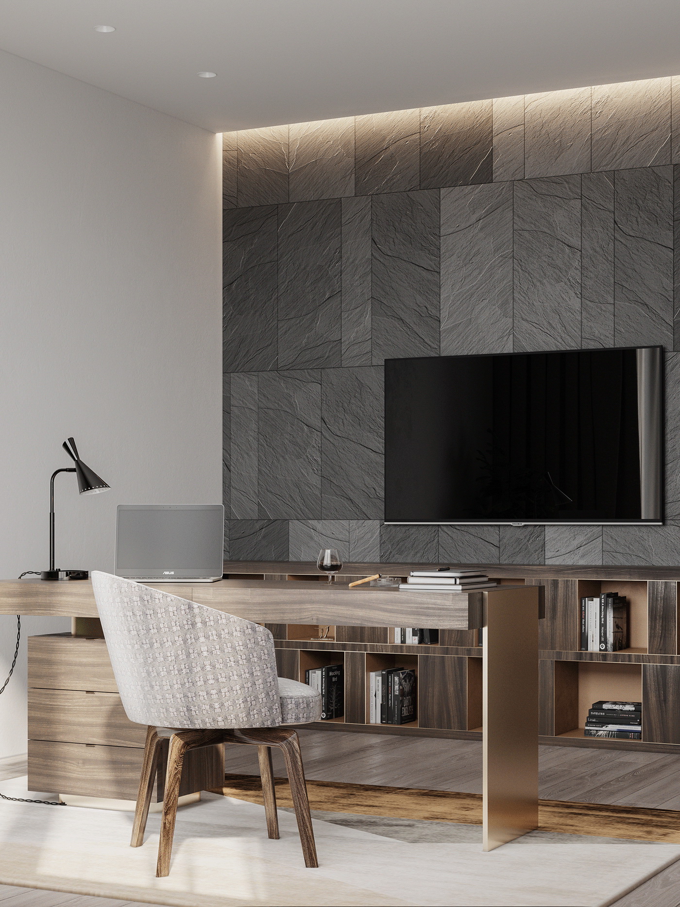 A wall-mounted TV is the ideal option for homeowners' work and entertainment needs.
