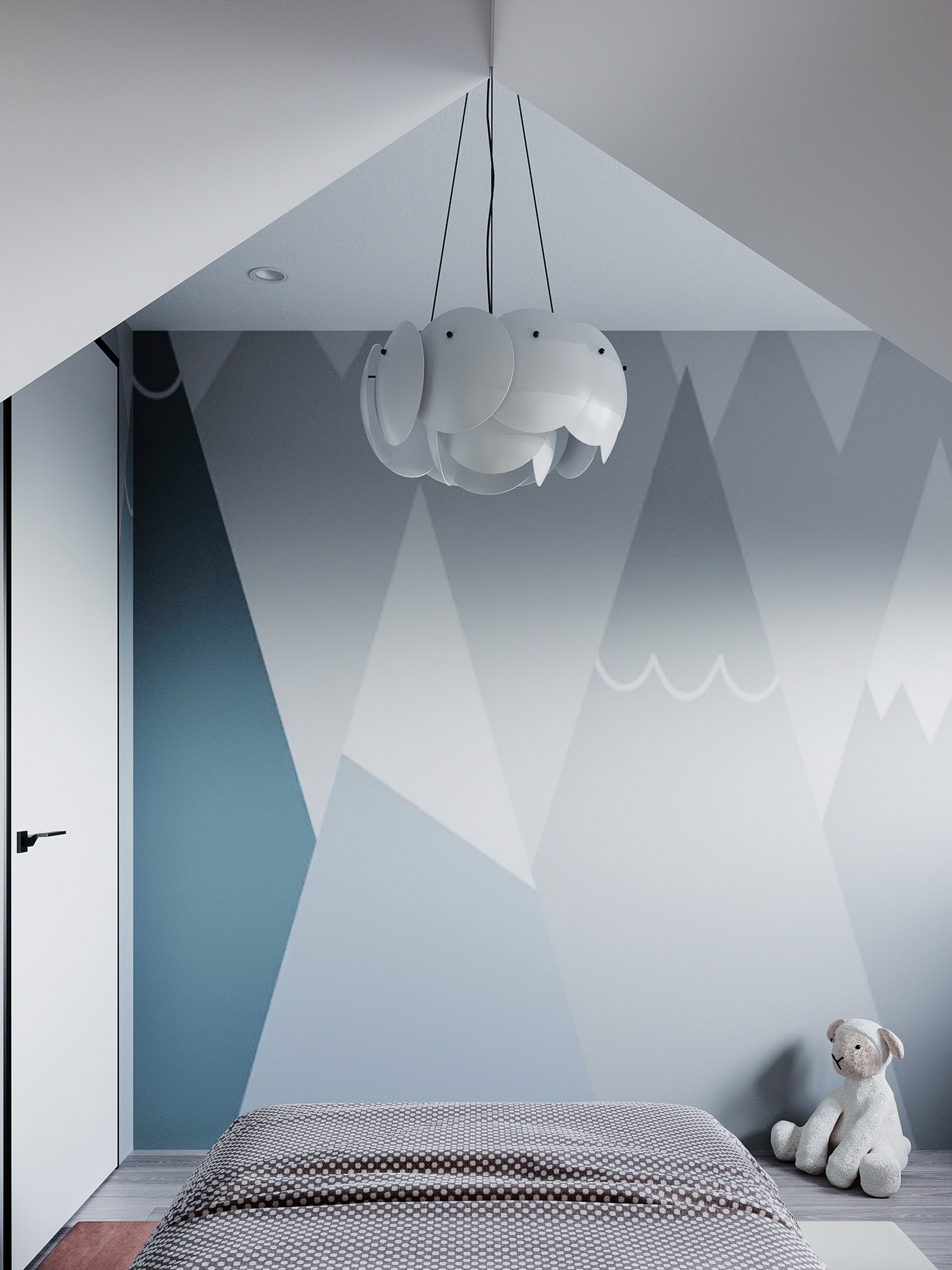 The bright pastel blue ceiling lamp not only provides lighting for the room, but it also matches the child's preferences.