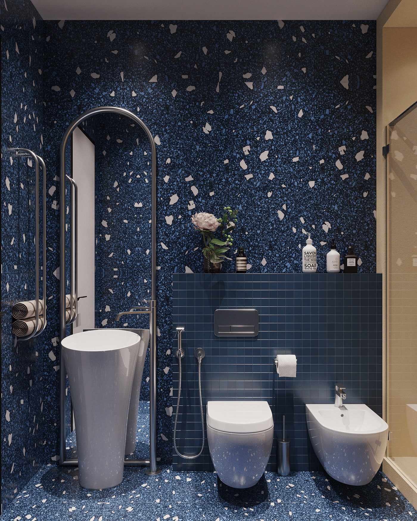 Blue and white tiles create a clean and fresh feeling.