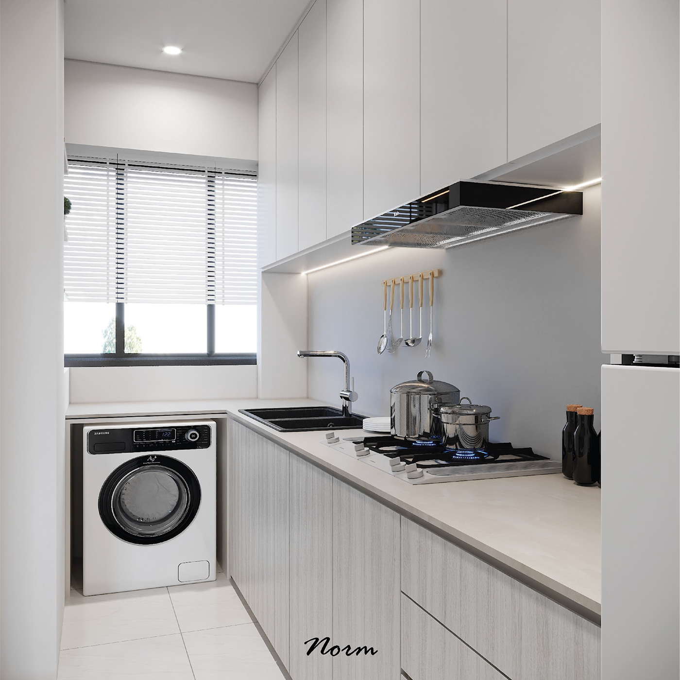 A small, independent kitchen with all necessary appliances. It has a medium window that allows plenty of light into the room. This room is brightened by the white furniture and lighting system.