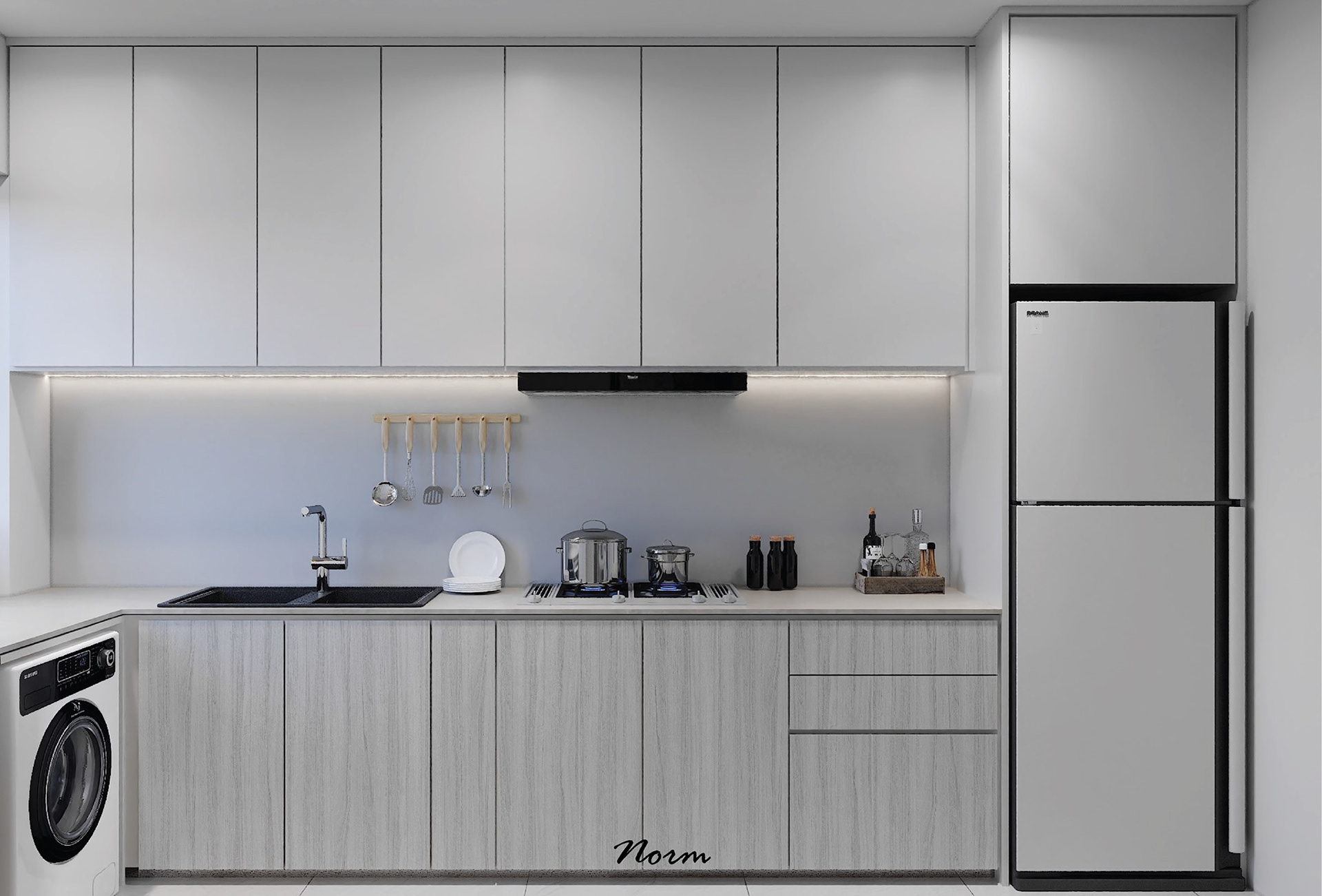 A wall cabinet system with many compartments meets storage needs in the kitchen. It not only maintains the area's aesthetics but also saves space.