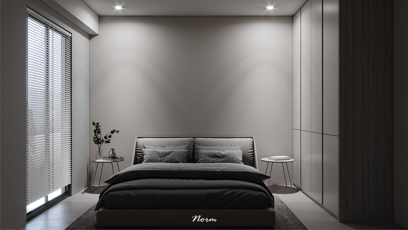 Gray and white are dominant colors in this bedroom, it includes a large bed and a big wardrobe. Light from the wall lamp, combined with white color, creates a soothing and relaxing atmosphere. It's the ideal place to unwind after a long day at work.