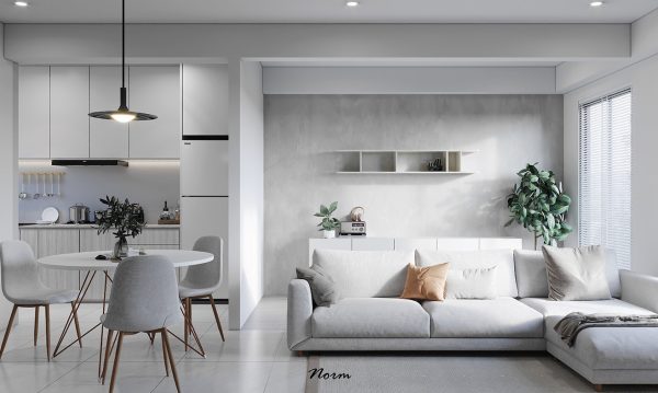 This space has a pleasant and lively visual impression. A light gray wall combined with gentle neutrals create a comfortable and homey family atmosphere in the living room area.