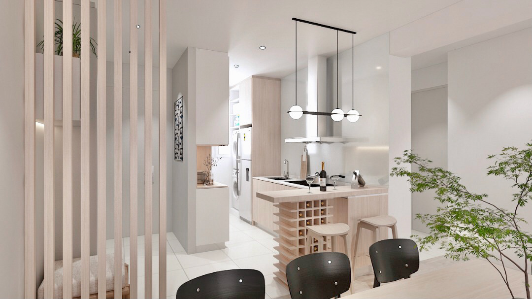 This kitchen protects the space's privacy while respecting its independence. Integration of sink and table functions to improve user convenience and give the impression of more space. To help the space have more lighting effects, a pendant light with a unique design is equipped.