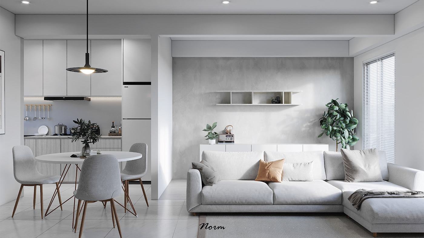 This space has a pleasant and lively visual impression. A light gray wall combined with gentle neutrals create a comfortable and homey family atmosphere in the living room area.