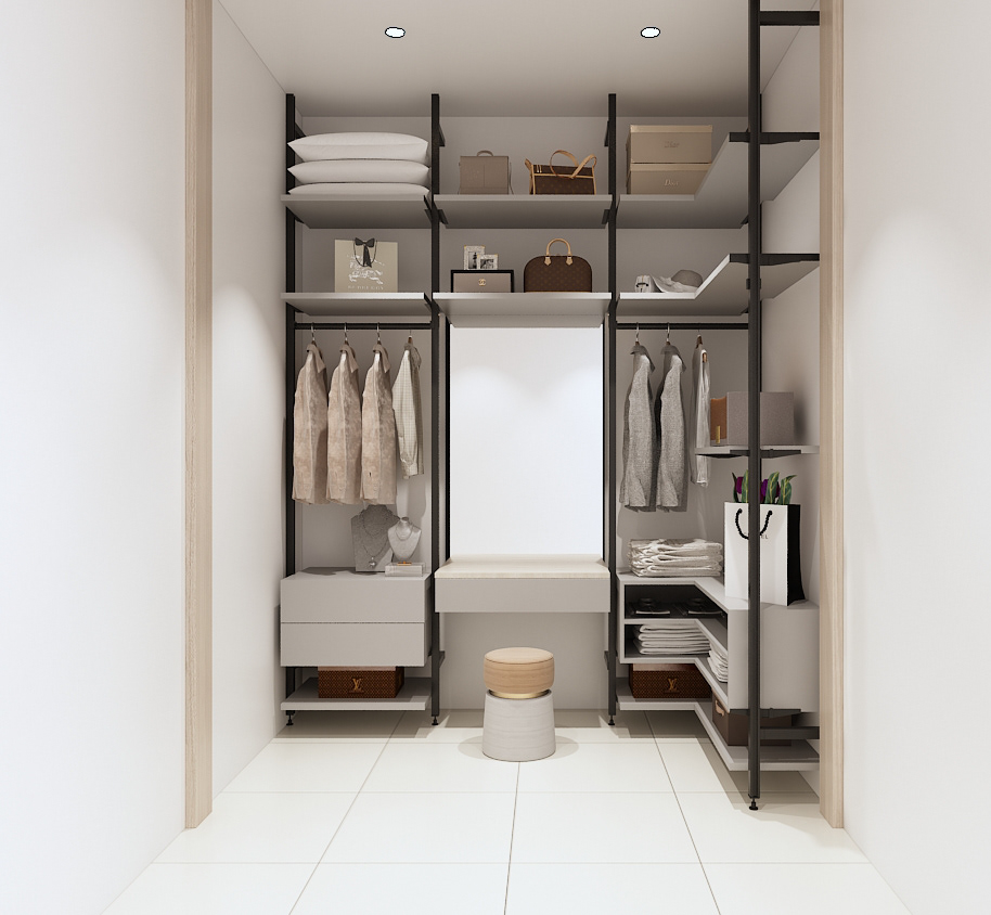 A sufficient dressing room area uses white, complemented by a soft dark gray, creating a sense of color balance with open shelves to make choosing clothes and accessories easier.