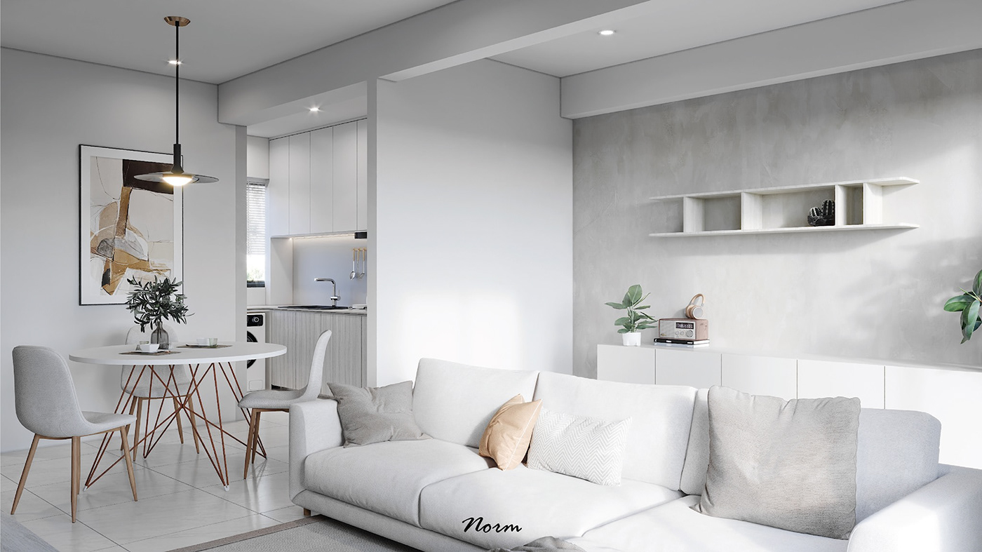 Using white and light gray colors throughout this space produces a beautiful light effect, which reflects natural light , making it appear larger and brighter. This combination reduces the feeling of clutter in the living room and dining area. 
