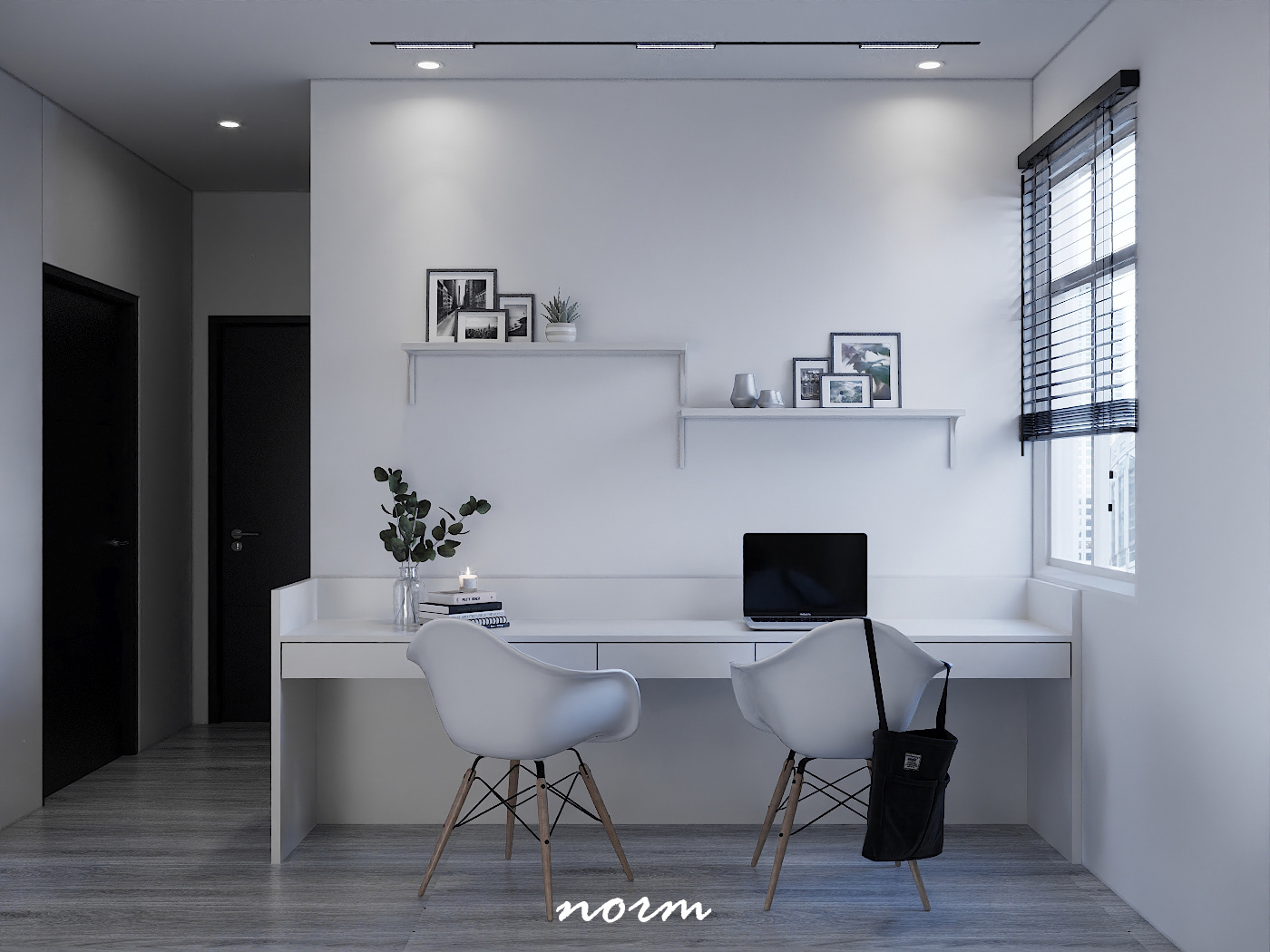 A working area behind the dining table features pure white walls with intertwined geometric lines that highlight the bright and fresh window shape. At the same time, it establishes a comprehensive link of learning and working environment for both parents and children.